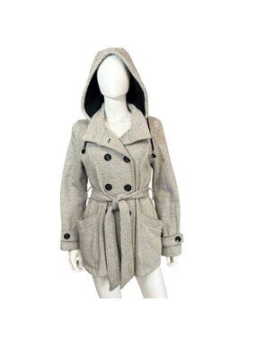 Sebby Hooded Coat Womens M Gray Cotton Blend Double Breasted Belted Twill